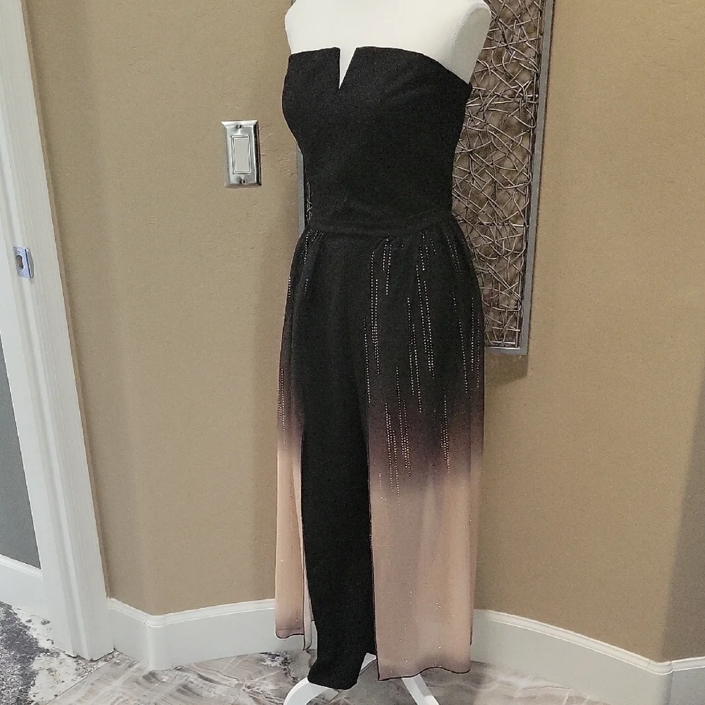 VENUS Strapless Ombre Black and Tan Jumpsuit With Pants And Sheer Skirt - Picture 2 of 6